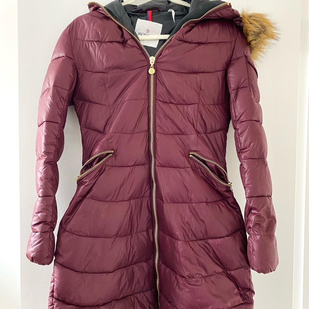 Burgundy long Montcler coat
